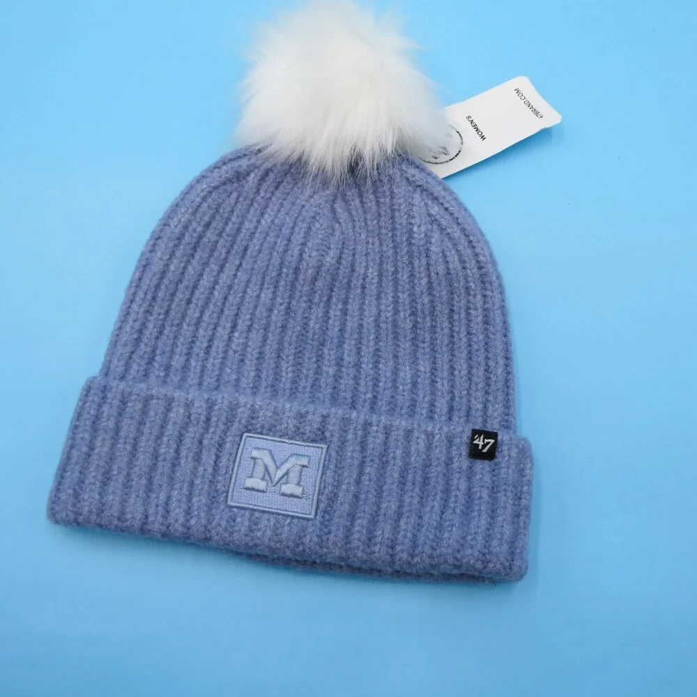 '47 Brand Michigan Wolverines Winter Hat Womens Blue Ribbed Knit Beanie‎ Pom New